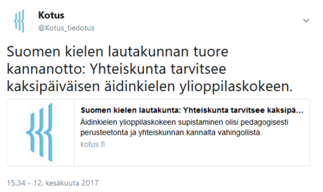 Ruutkaappaus Kotuksen twiitistä, kesäkuu 2017.
