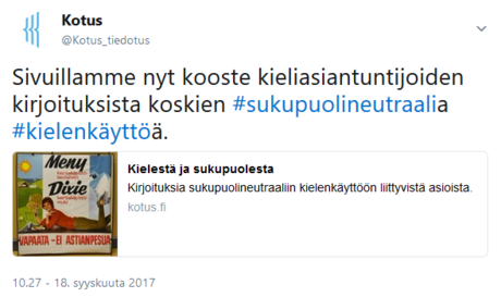 Ruutukaappaus Kotuksen twiitistä, syyskuu 2017.