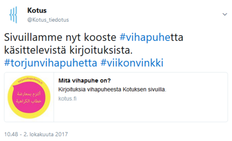 Ruutukaappaus Kotuksen twiitistä, lokakuu 2017.