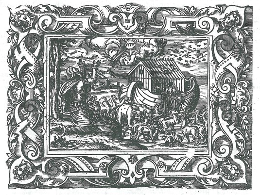 Eläimet matkalla Nooan arkkiin. Vuoden 1642 Biblian kuvitusta.