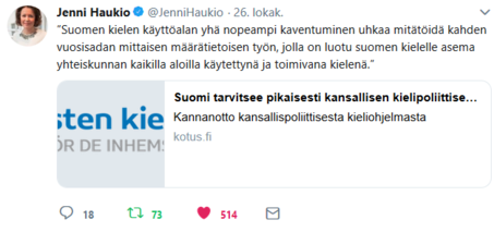 Jenni Haukion twiitti 26.10.2018. Kuvakaappaus Twitteristä.