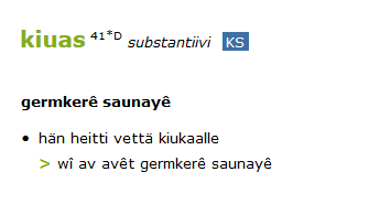 Kiuas. Sana-artikkeli. Kuvakaappaus: Suomi - kurmanži -sanakirja.