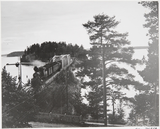 Todennäköisesti Lokomo Oy:n valmistama veturi numero 863 rautatiesillalla. 1930- tai 1940-luku. Kuva: F. E. Fremling. Museovirasto. CC BY 4.0.