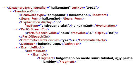 Karjalan kielen sanakirjaa XML-muotoisena. Kuvakaappaus.