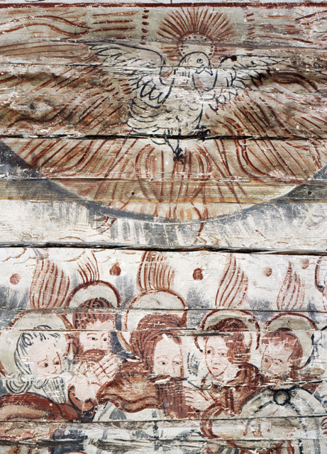 Seinämaalaus ”Pyhän Hengen vuodattaminen ensimmäisenä helluntaina” vuodelta 1667 Pyhämaan uhrikirkossa. Kuva: Soile Tirilä, 2002. Museovirasto. CC BY 4.0.