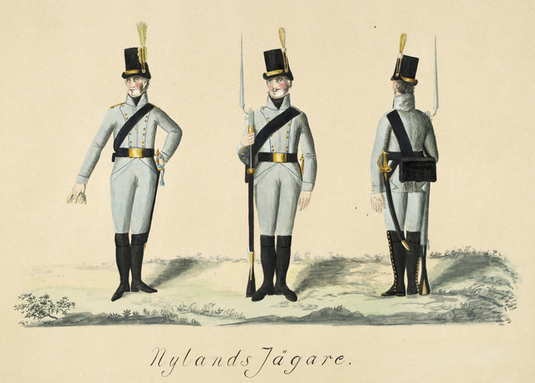 Uudenmaan jääkärirykmentin sotilaan univormu (1798). Piirros: Signe Quennerstedt. Museovirasto. CC BY 4.0.