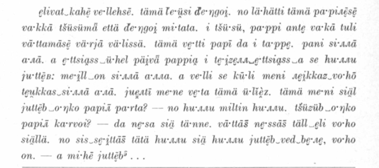 Kuvakaappaus Lauri Kettusen ja Lauri Postin teoksesta Näytteitä vatjan kielestä (1932) s. 32