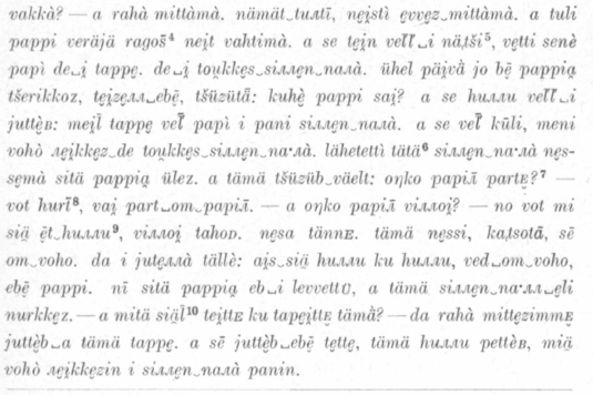 Kuvakaappaus Lauri Kettusen ja Lauri Postin teoksesta Näytteitä vatjan kielestä (1932) s. 33