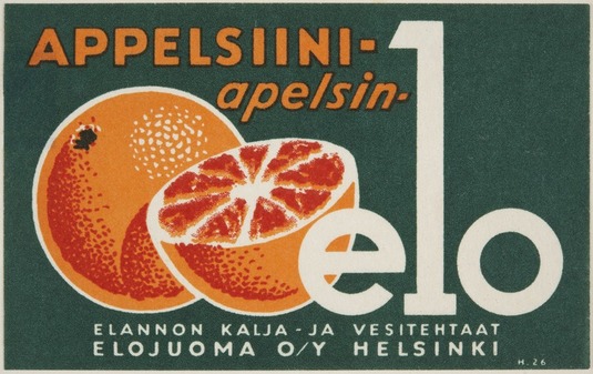 Elo-appelsiinijuomapakkauksen etiketti. Ajoittamaton. Valmistaja: Elanto. Kuva: Helsingin kaupunginmuseo. CC BY 4.0.