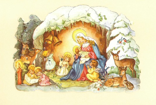Jeesus-lapsi Marian sylissä lumen peittämässä eläinsuojassa. Kiiltokuva.