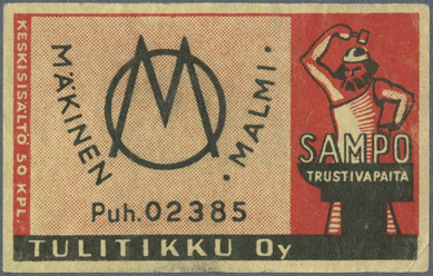 Sampo-tulitikkuja. O. Mäkisen Maito- ja siirtomaatavaraliike, Malmi, Helsinki.  Valmistaja: Tulitikku Oy. 1940. Kuva: Helsingin kaupunginmuseo. CC BY 4.0.