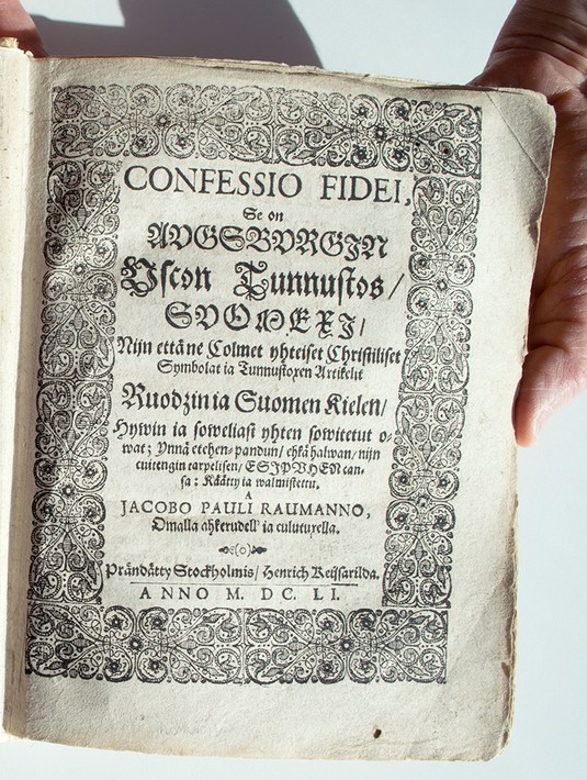 Nimiö Jacobus Raumannuksen suomentamasta Confessio Fidei -teoksesta vuodelta 1651.