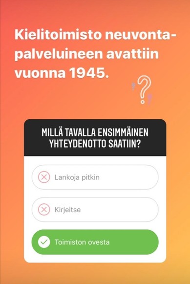 Kielen juhlaa 75 -Instagram-tili: neuvontavisan kysymys Kielitoimiston ensimmäisestä asiakkaasta. Kuva: Henna Leskelä, Kotus.
