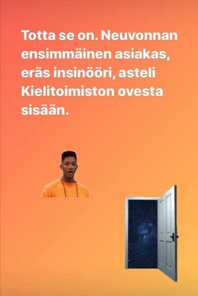 Kielen juhlaa 75 -Instagram-tili: neuvontavisan vastaus Kielitoimiston ensimmäisestä asiakkaasta, joka asioi paikan päällä toimistossa. Kuva: Henna Leskelä, Kotus.
