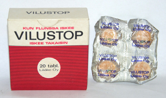 Lääkepakkaus Vilustop. Lääke Oy 1946–1958. Kuva: Turun museokeskus. CC BY-ND 4.0.