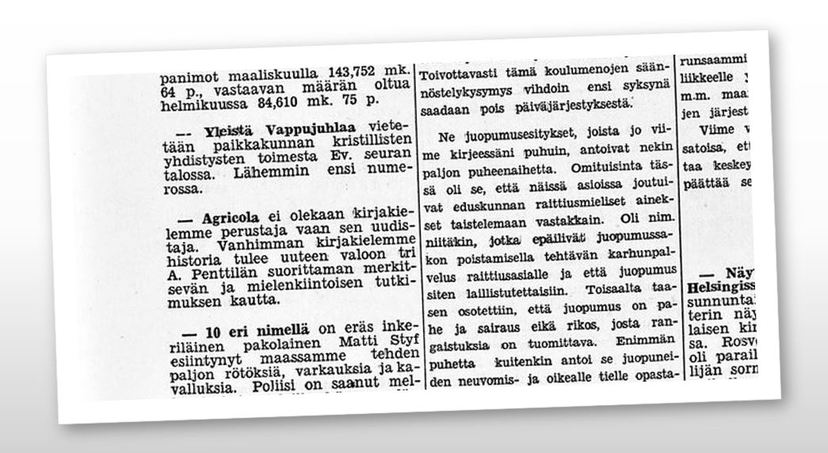Maininta A. Penttilän Agricola-tutkimuksesta Laatokka-lehdessä huhtikuussa 1931. Kuvakaappaus. Lähde: Kansalliskirjasto, digitaaliset aineistot.