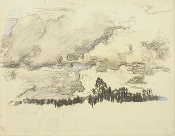 Eero Järnefelt: Pilviharjoitelma. 22 × 28 cm, mustaliitu, paperi, väriliitu (valkoinen). Kuva: Kansallisgalleria.