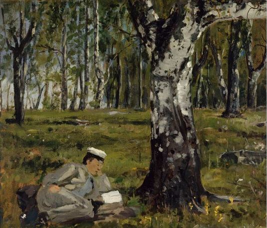 Arvid Liljelund: Opintoja luonnossa. 1877. 34,5 × 41 cm, öljy kankaalle. Kuva: Kansallisgalleria.