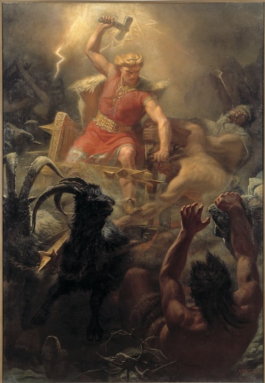 Thor taistelee jättiläisten kanssa. Mårten Wingen maalaus vuodelta 1872. Nationalmuseum. Kuva: Wikimedia Commons. CC0