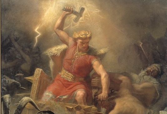 Thor taistelee jättiläisten kanssa. Yksityiskohta. Mårten Wingen maalaus vuodelta 1872. Nationalmuseum. Kuva: Wikimedia Commons. CC0