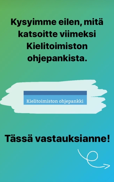 Kielen juhlaa 75 -Instagram-tili: Kielitoimiston ohjepankista haetuista asioista kertovan koosteen etusivu. Kuva: Henna Leskelä, Kotus.