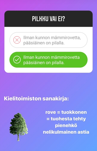 Kielen juhlaa 75 -Instagram-tili: oikeinkirjoitusvisan kysymys pilkun käytöstä. Kuva: Henna Leskelä, Kotus.