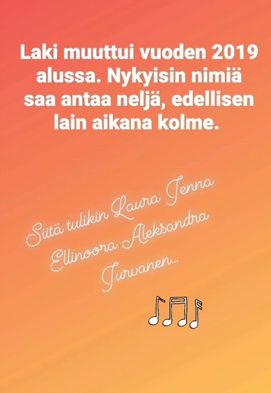 Kielen juhlaa 75 -Instagram-tili: henkilönnimivisan vastaus sallitusta etunimien määrästä. Nykyisin nimiä saa antaa neljä, aiemmin kolme. Kuva: Ulla Onkamo, Kotus.