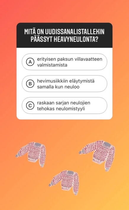 Kielen juhlaa 75 -Instagram-tili: uudissanavisan kysymys heavyneulonnasta. Kuva: Henna Leskelä, Kotus.