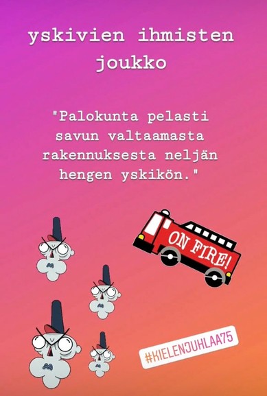 Kielen juhlaa 75 -perjantaitypo Instagramissa: yskikkö 'yskivien ihmisten joukko'. Kuva: Ulla Onkamo, Kotus.