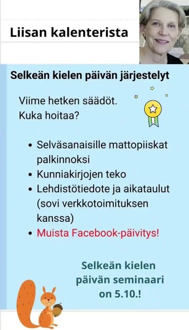 Kielen juhlaa 75 -Instagram-tili: Liisa Raevaaran muistilista Selkeän kielen päivän tapahtumaan liittyvistä tehtävistä. Kuva: Hanna Virtakangas, Kotus.
