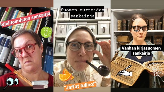 Kielen juhlaa 75 -Instagram-tilin sankairjat-typo. Vasemmalta: Kielitoimiston sankairja, suomen murteiden sankairja, vanhan kirjasuomen sankairja. Kuvat: Leena Joki & Riikka Tervonen, Kotus. Kuvankäsittely: Ulla Onkamo, Kotus.