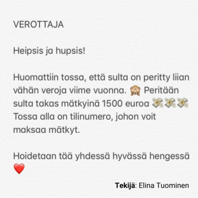 Kielen juhlaa 75 -Instagram-tili esitteli rennon puhekielisen Verohallinnon: "Peritään sulta takas mätkyinä 1500 euroa". Tekijä: Elina Tuominen.