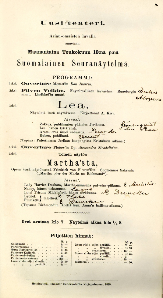 Arkadia-teatterin ohjelma vuodelta 1869. Kuva: Kansalliskirjasto. Doria. Public domain.