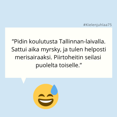 Kielen juhlaa 75 -Instagram-tili: Kouluttamassa Tallinnan-laivalla myrskyssä. Kuva: Henna Leskelä, Kotus.