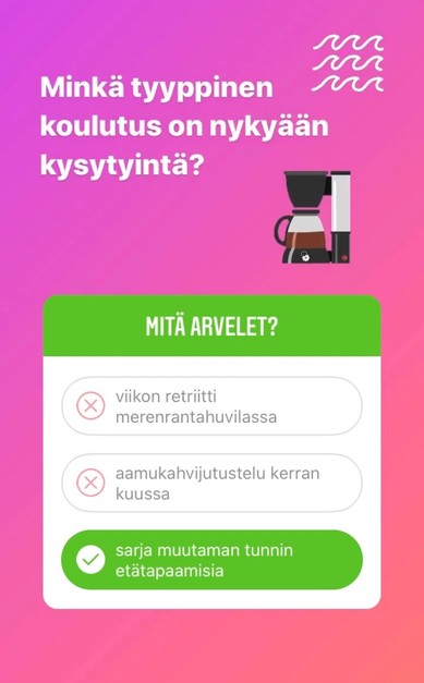 Kielen juhlaa 75 -Instagram-tili: Sarja muutaman tunnin etätapaamisia on suosituin koulutusmuoto. Kuva: Henna Leskelä, Kotus.