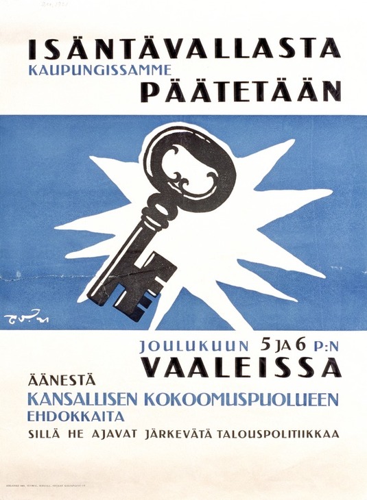 Vaalijuliste. Isäntävallasta kaupungissamme päätetään. Kansallinen Kokoomus, 1921. Suunnittelija: Topi Vikstedt. Dia: Maria Ylikangas. 1999. Kuva: Helsingin kaupunginmuseo. CC BY 4.0.