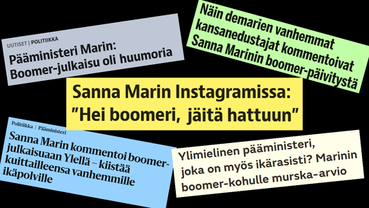 Sanna Marinin Instagram-päivitystä käsitteleviä otsikoita syksyllä 2021. Kuvankäsittely: Risto Uusikoski, Kotus.