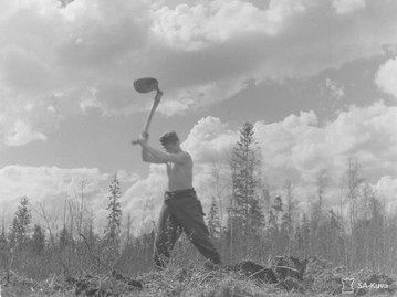 Mies ja kuokka peltoa tasoittamassa 1943 (rajattu). Kuva: Aavikko. SA-kuva. CC BY 4.0.