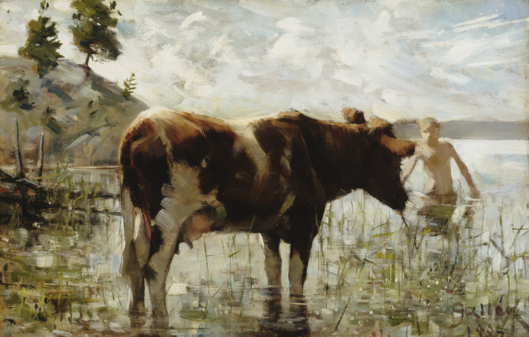Lehmä ja poika. Akseli Gallen-Kallela, 1885. 25,5 × 40 cm, öljy puulle. Kuva: Museovirasto. Tekijänoikeusvapaa.