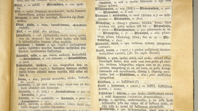 Kuvassa uskomusaiheisia leikkeitä Teuras-Lönnrot -sidoksesta.