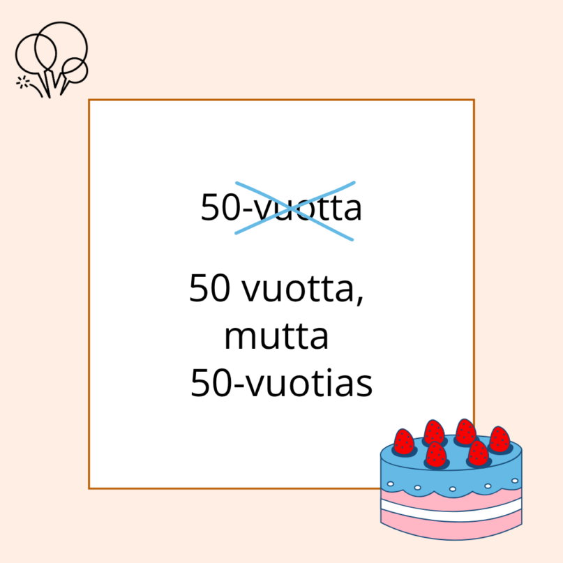 Yllä "50-vuotta" ja sen päällä rasti. Alla "50 vuotta, mutta 50-vuotias".