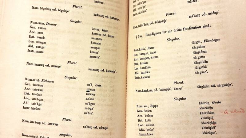 Kamassin sanojen taivutusta Matias Aleksanteri Castrénin teoksessa Grammatik der samojedischen Sprachen. Kuva: Sani Kuosmanen, Kotus.