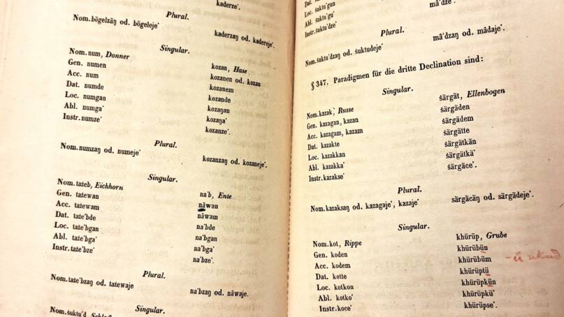 Kamassin sanojen taivutusta Matias Aleksanteri Castrénin teoksessa Grammatik der samojedischen Sprachen. Kuva: Sani Kuosmanen, Kotus.