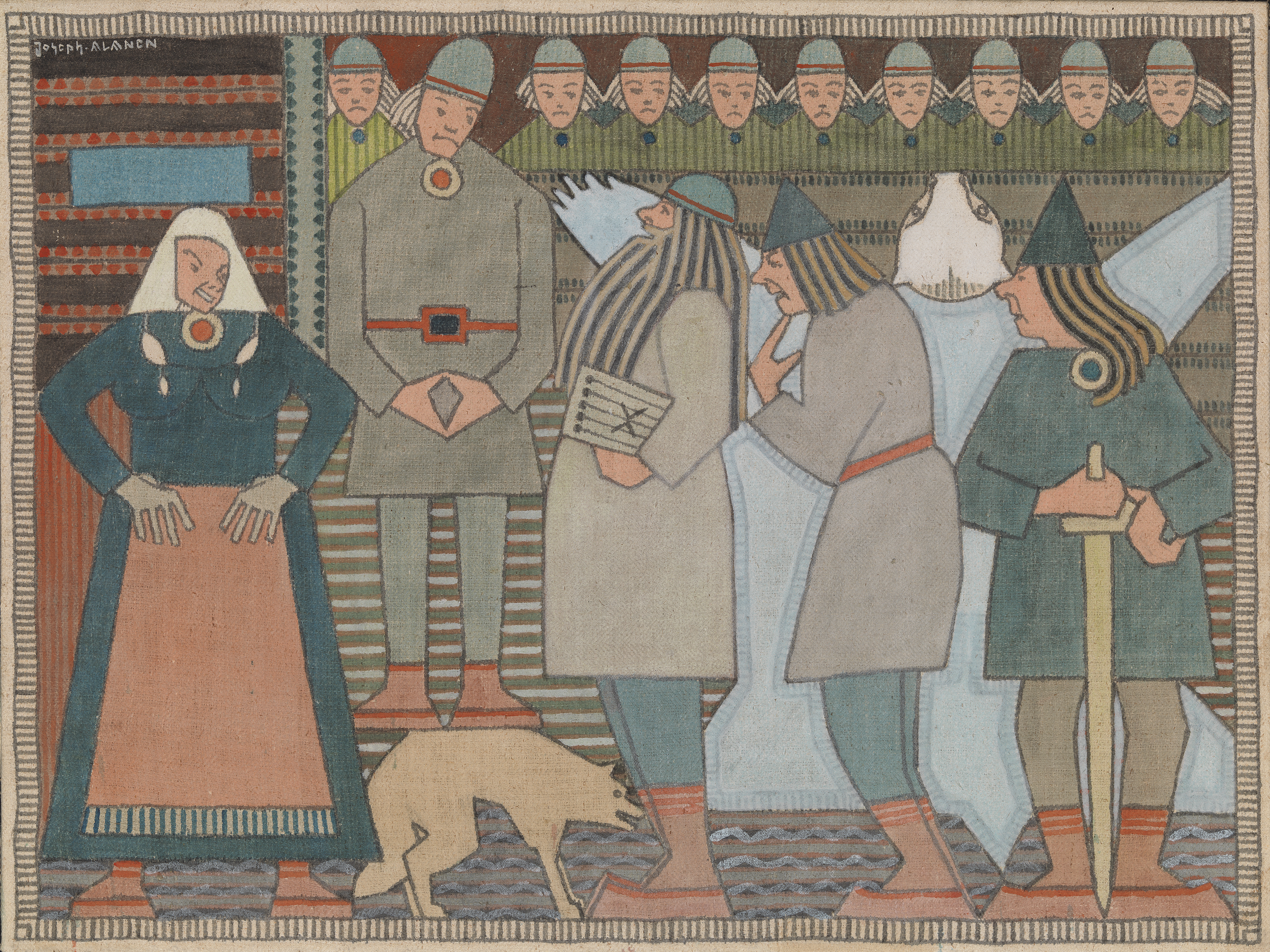 Joseph Alanen: Väinämöisen, Ilmarisen ja Lemminkäisen tulo Pohjolaan. 66 × 88 cm, tempera kankaalle. Kuva: Kansallisgalleria. Tekijänoikeusvapaa.