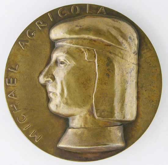 Mikael Agricola. Sulho Sipilän pronssinen pöytämitali vuodelta 1948. Turun museokeskus, Esinekokoelma.