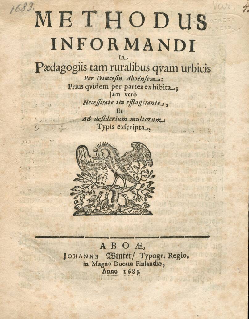 Methodus informandi in paedagogiis -ohjeen nimiö 1683. Kuva: Kansalliskirjasto, Ruotsin ajan kokoelma.