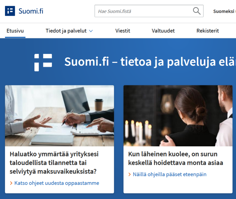 Suomi.fi-palvelun etusivua. Ruutukaappaus.