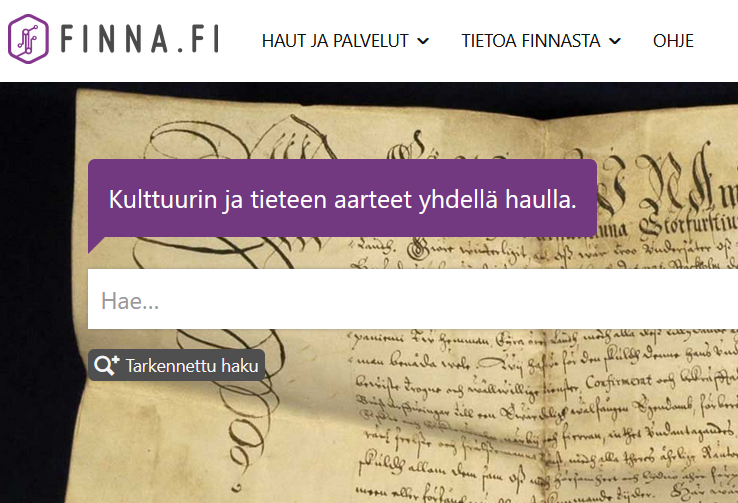 Finna.fi-hakupalvelun etusivua. Ruutukaappaus.