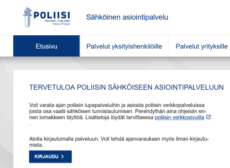 Poliisin sähköisen palvelun etusivua. Ruutukaappaus.