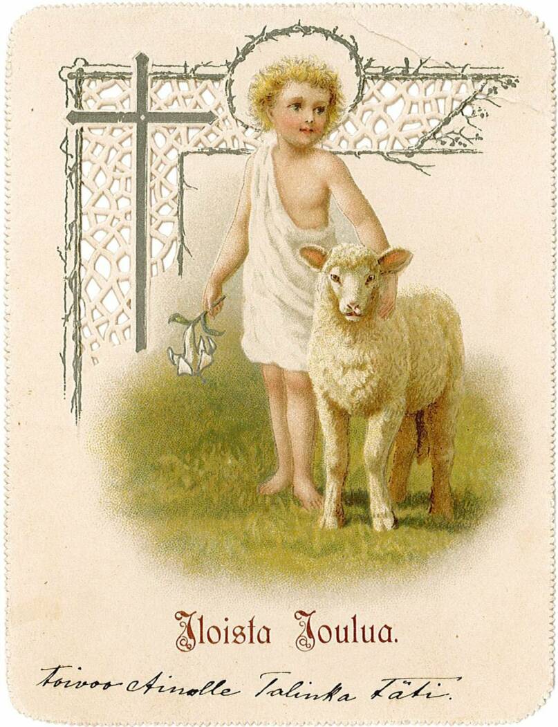 Jeesus-lapsi ja lammas. Joulukortti vuodelta 1896. Kuva: KAMU Espoon kaupunginmuseo.